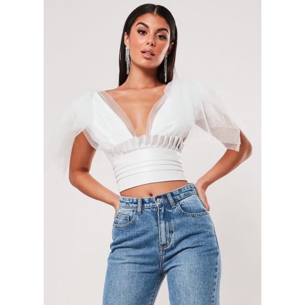 WHITE TULLE AND FAUX LEATHER CROP TOP